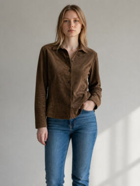 Vintage Chocolate Brown genuine Suede Leather Button-Up Shirt Jacket